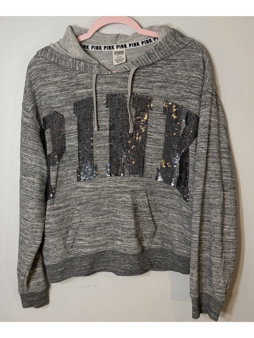 PINK Victoria Secret Bling Hoodie Gray Sequin Logo Pullover Sweatshirt Medium